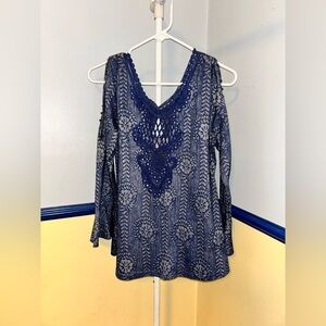 Pretty Angel Medium Blue Glitter Sparkle Cold Shoulder Stud Long Sleeve Shirt